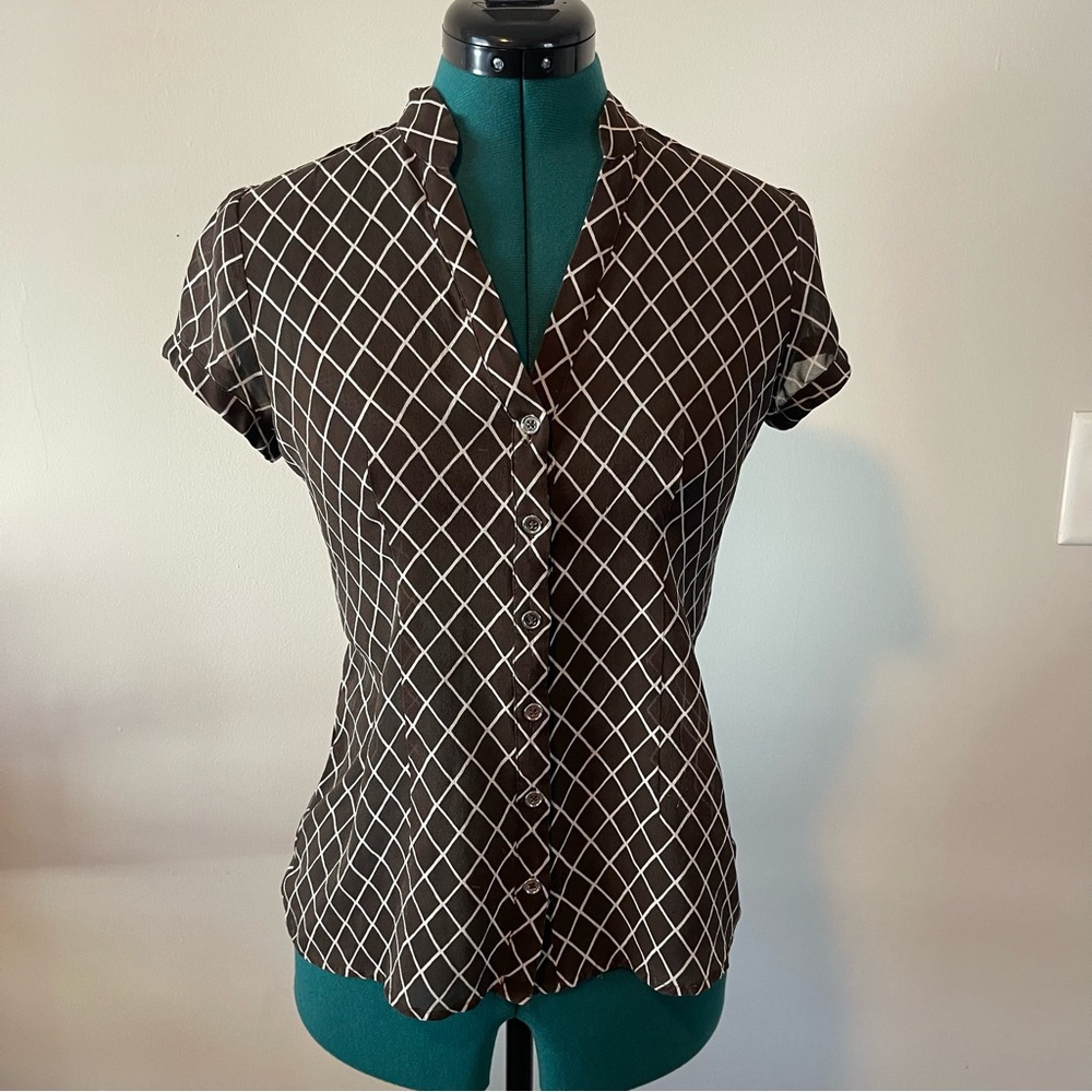 90s/Y2k grid print silk sheer blouse SZ Small